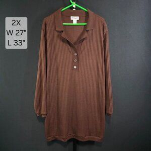 Vintage Ribbed Knit Tunic Top Womens Plus 2X Brown 90s Oversized Polo Grunge
